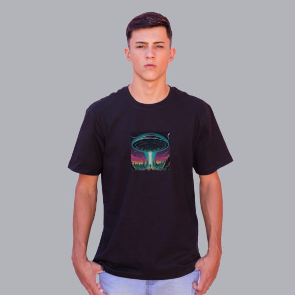 camiseta espaçonave preta em malha de algodão